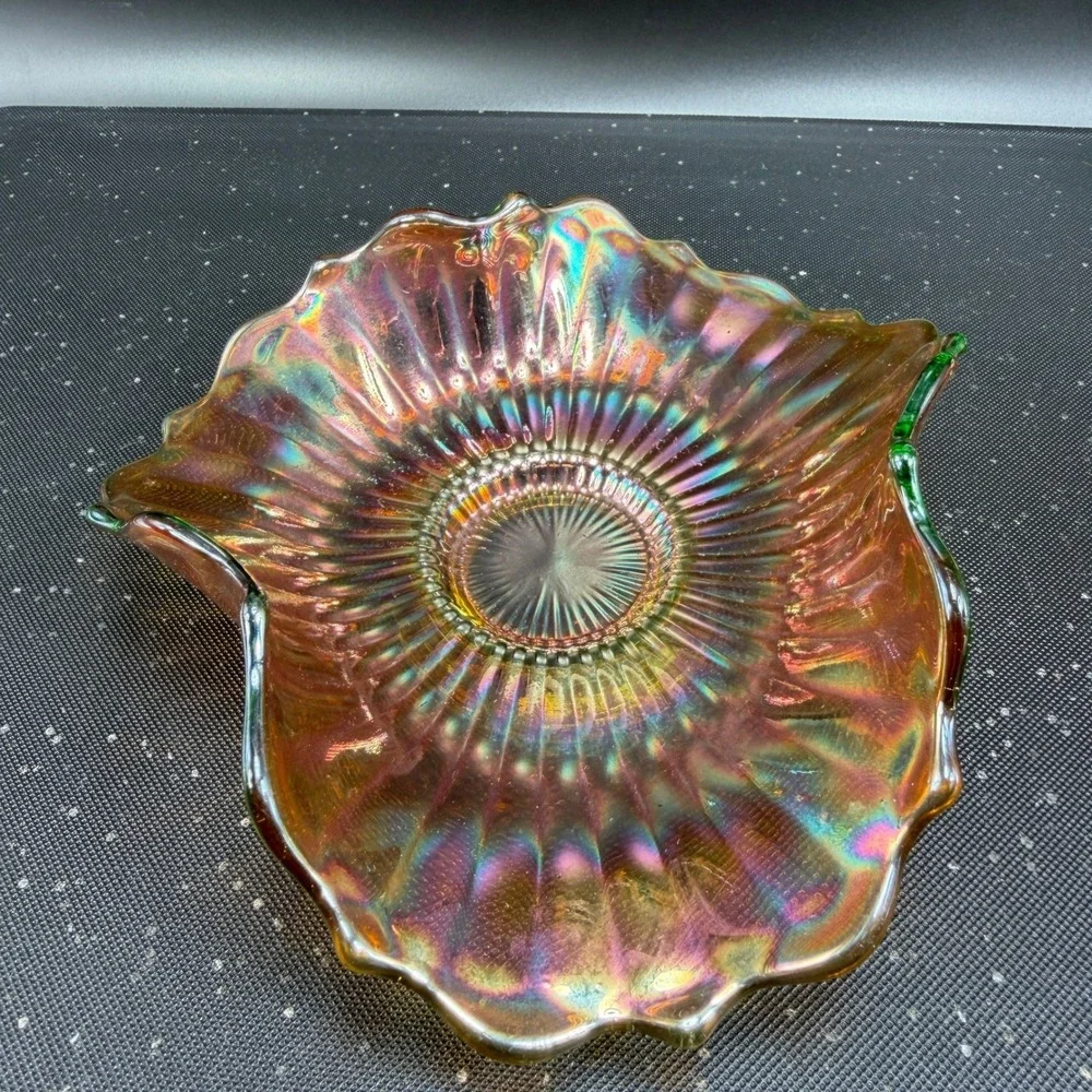Vintage Carnival Glass Bowl Tri Corner Ruffled‎ Fluted Marigold Iridescent Green